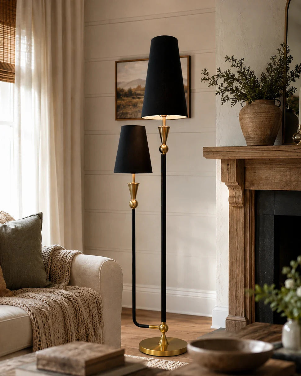 Contemporary Twin Light Floor Lamp - Black