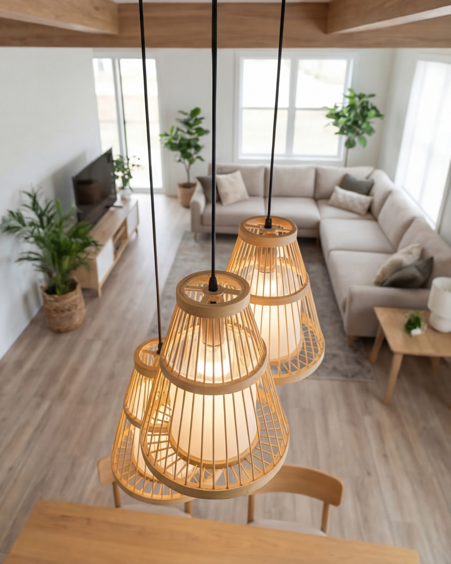Rustic Wood Frame Trio Pendant Light