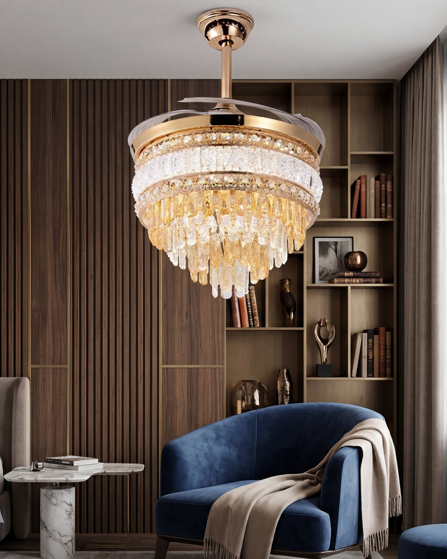 Golden Cascade Retractable Ceiling Fan + Chandelier Light (with Remote Control)