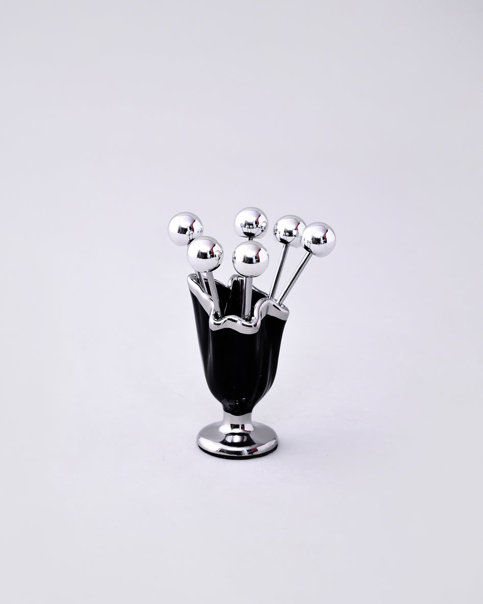 Pearl Cup Pick Holder with Skewers - Black