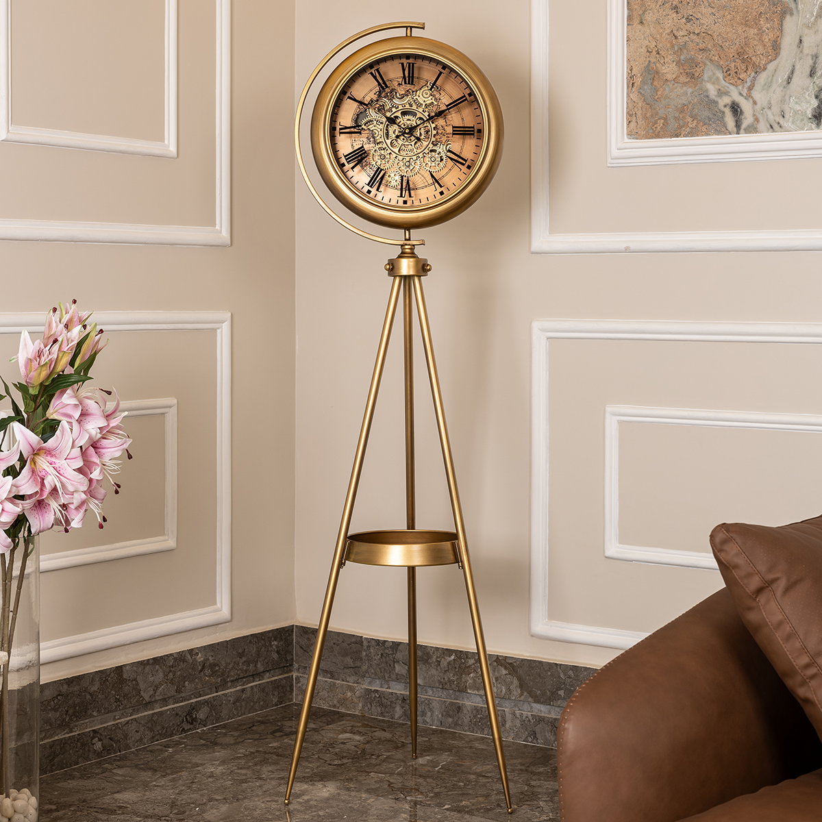 Phantom Dial Tripod Base Luxury Designer Floor Clock With Moving Gear Mechanism Buy Floor Clock Online - Gold (Steel Body)