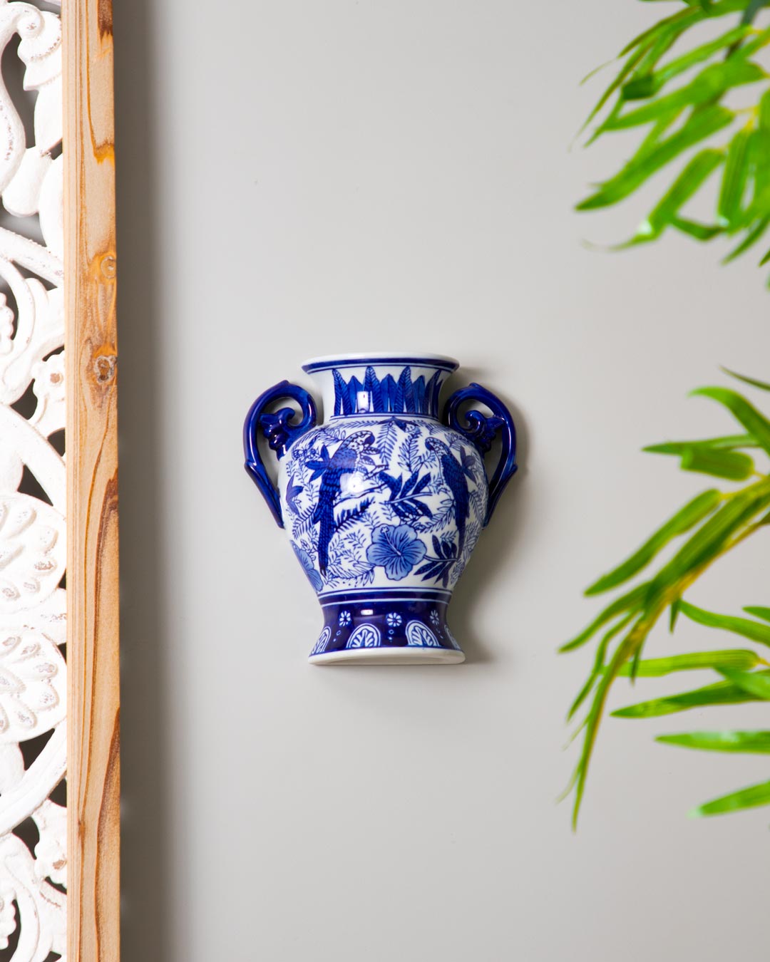 Vintage Aviary Blue & White Wall Vase