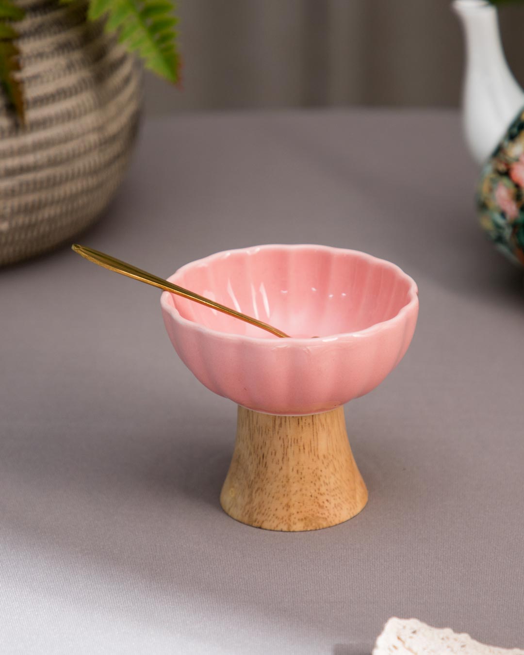 Ceramic + Wood Dessert Bowl - Pink