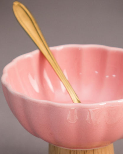 Ceramic + Wood Dessert Bowl - Pink
