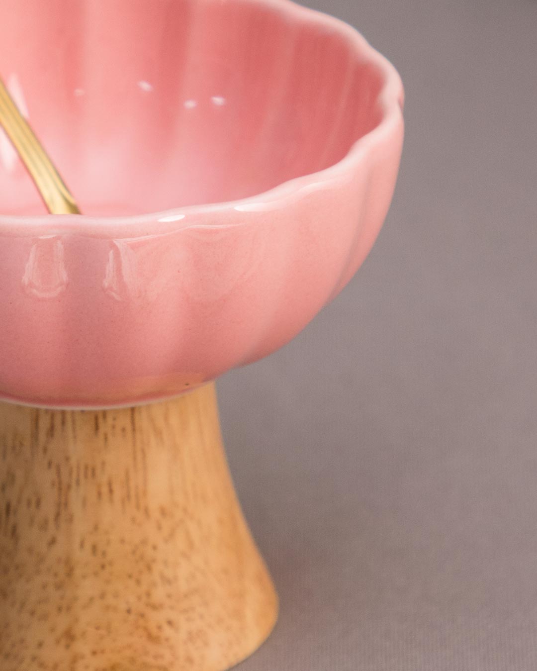 Ceramic + Wood Dessert Bowl - Pink