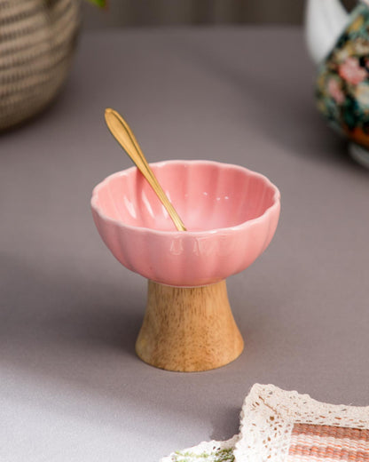 Ceramic + Wood Dessert Bowl - Pink