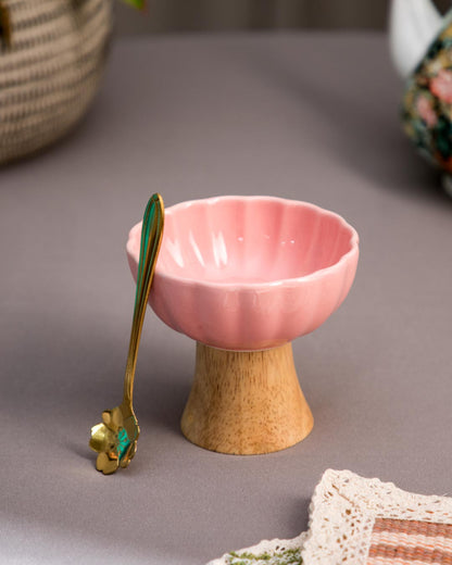 Ceramic + Wood Dessert Bowl - Pink