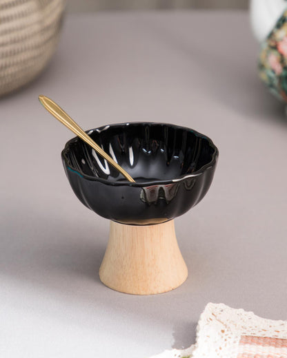 Ceramic + Wood Dessert Bowl - Black