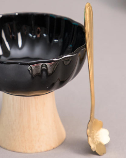 Ceramic + Wood Dessert Bowl - Black