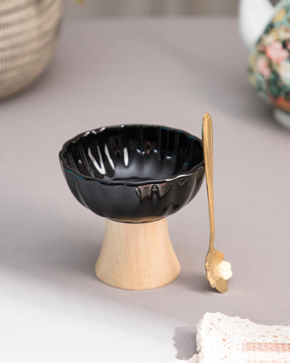 Ceramic + Wood Dessert Bowl - Black
