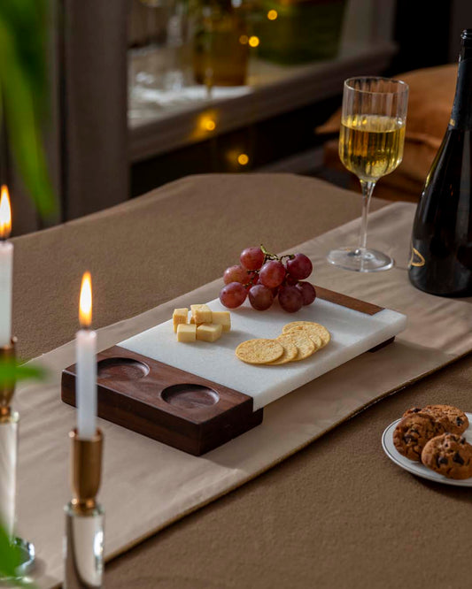 Marble And Wood Dual-Dip Serving Tray