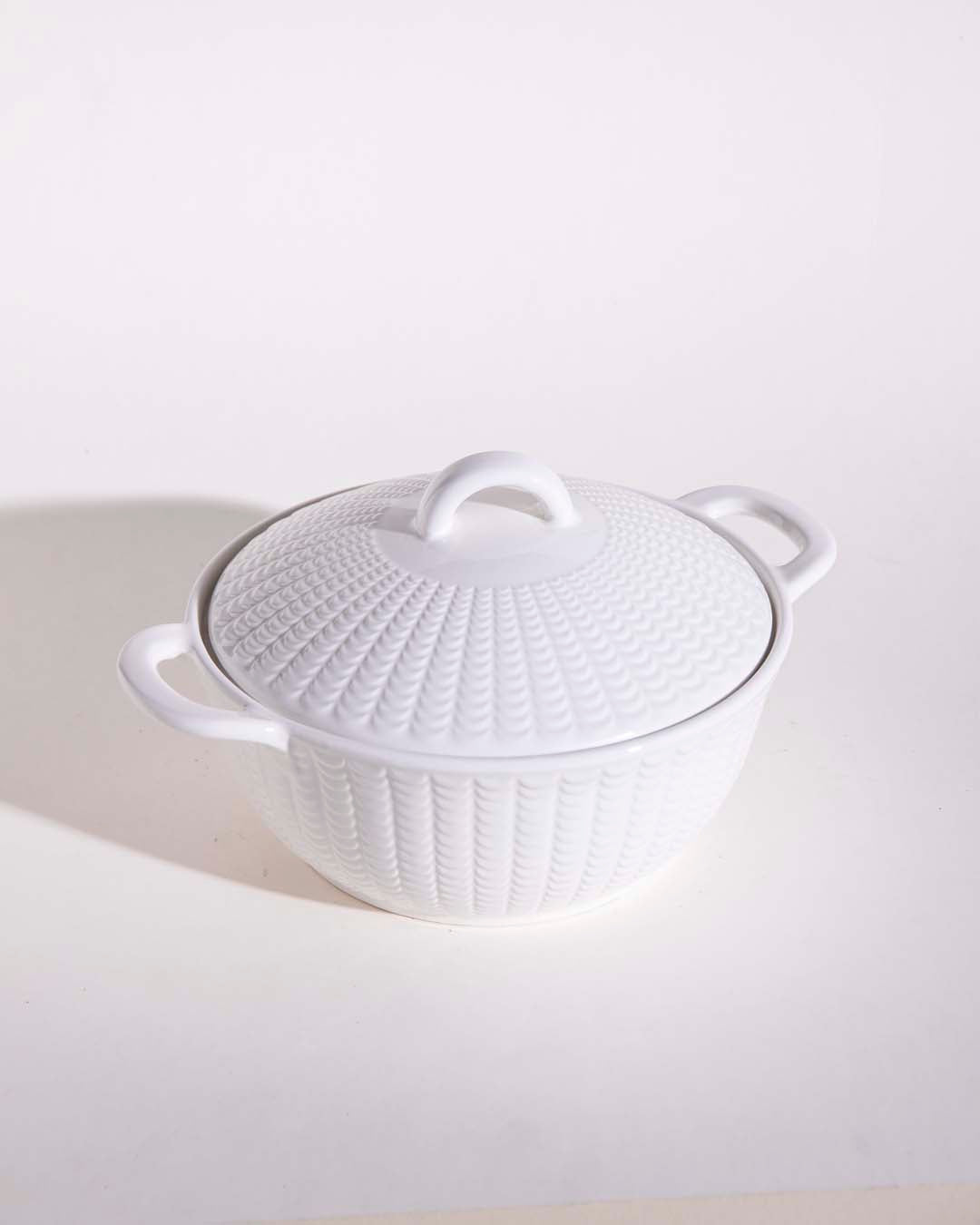 All White Embossed Serving Bowl with Lid - Small