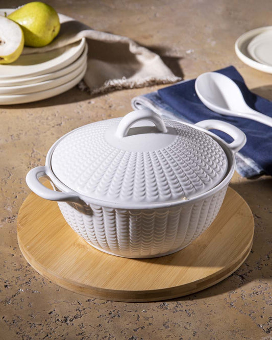 All White Embossed Serving Bowl with Lid - Small