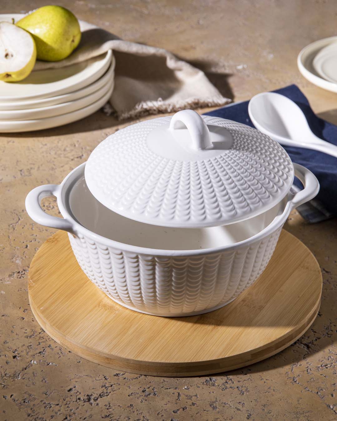 All White Embossed Serving Bowl with Lid - Small
