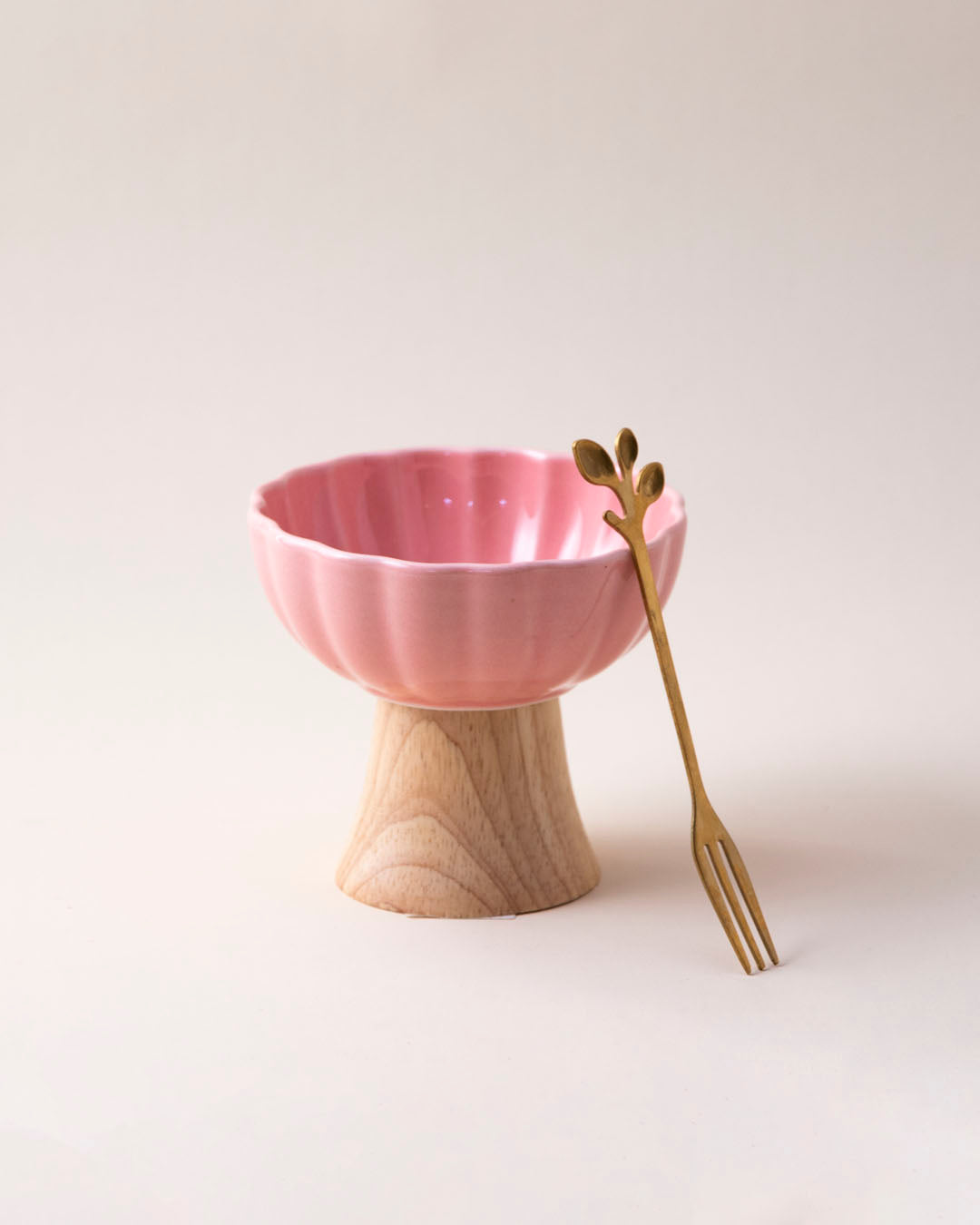 Ceramic + Wood Dessert Bowl - Pink