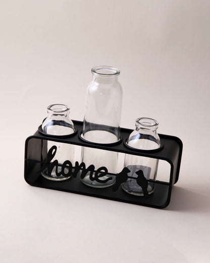 Rustic Home Glass Vase Set With Metal Stand