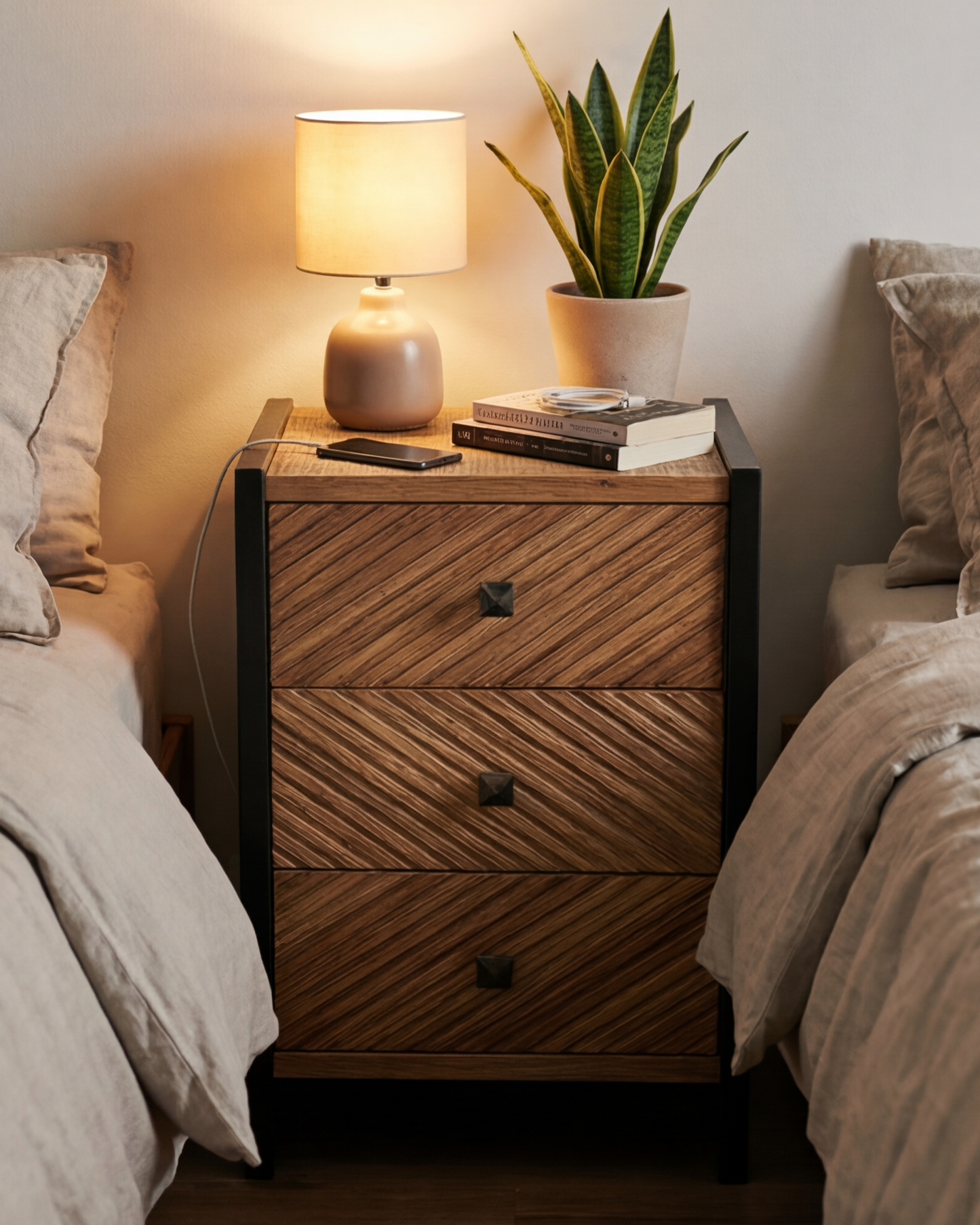 Chevron Grain 3-Drawer Bedside Cabinet
