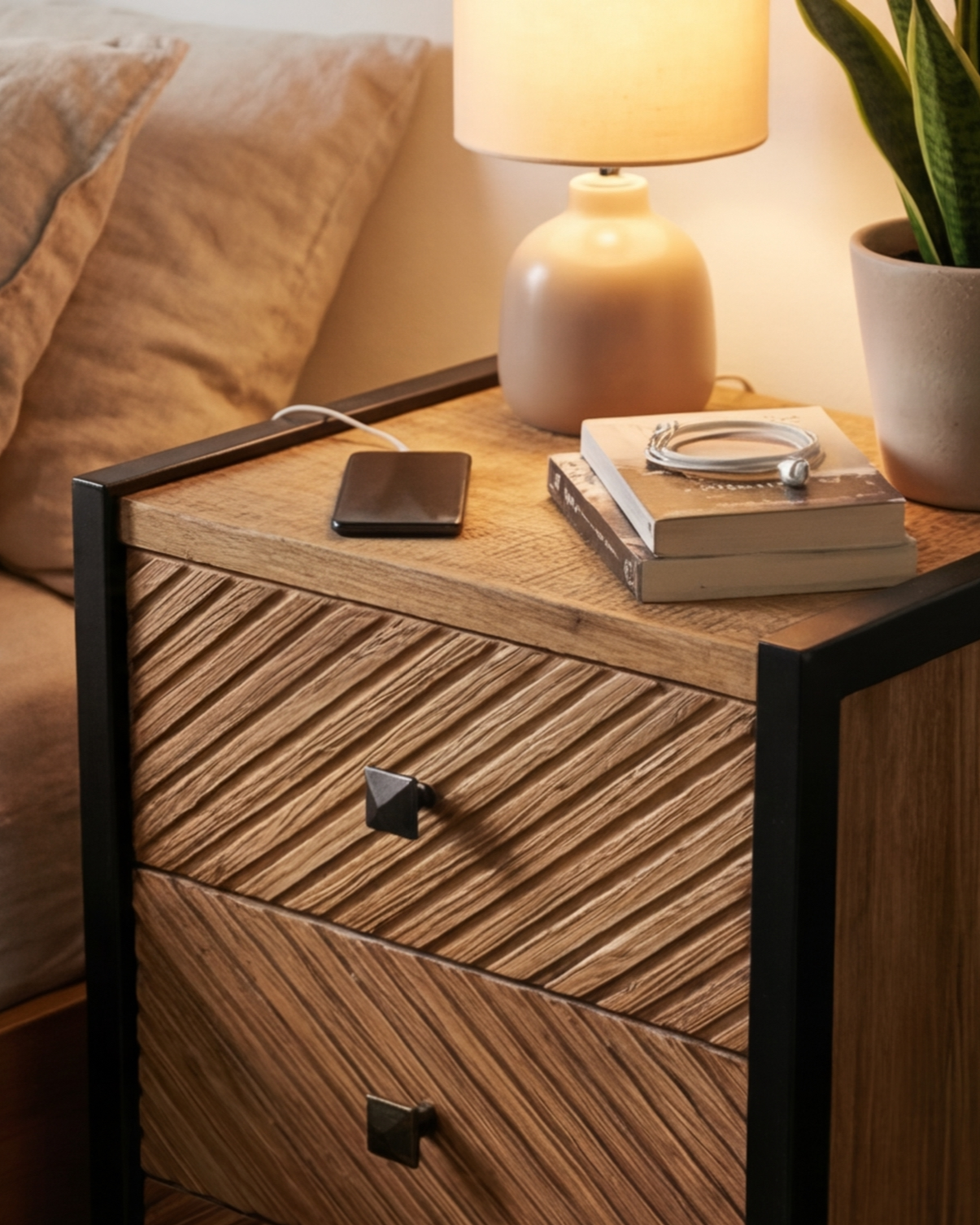 Chevron Grain 3-Drawer Bedside Cabinet