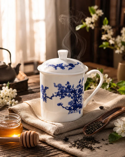Blue Blossom Bone China Mug with Lid