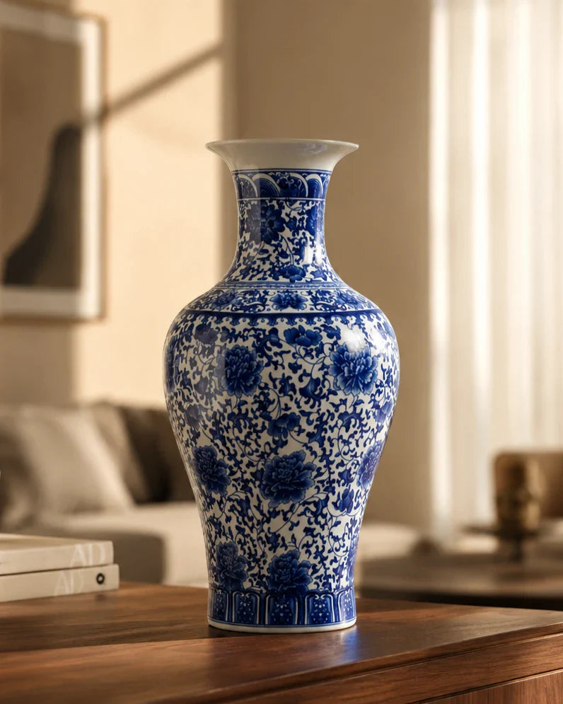 Oriental Indigo Floral Ceramic Vase