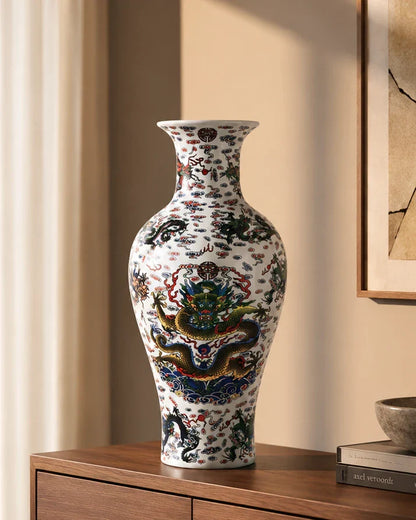 Dragon Motifs Symbolizing Ceramic Vase - White