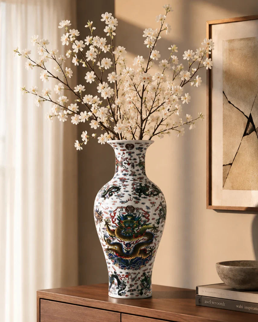Dragon Motifs Symbolizing Ceramic Vase - White