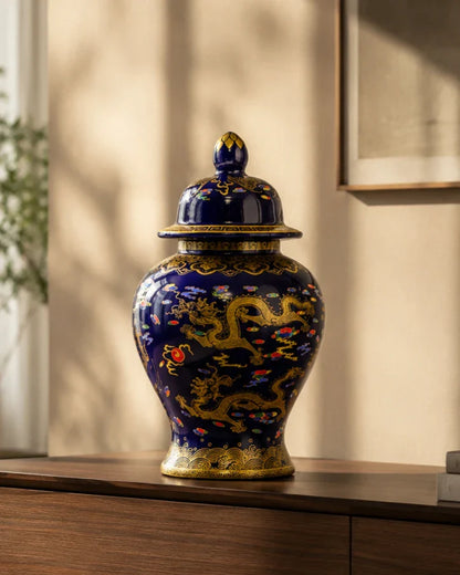 Golden Imperial Dragon Temple Jar - Midnight Blue - 35 cm