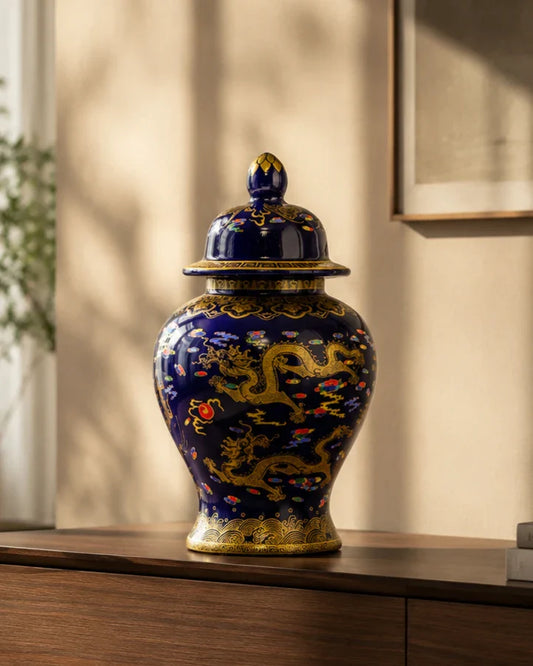 Golden Imperial Dragon Temple Jar - Midnight Blue - 35 cm