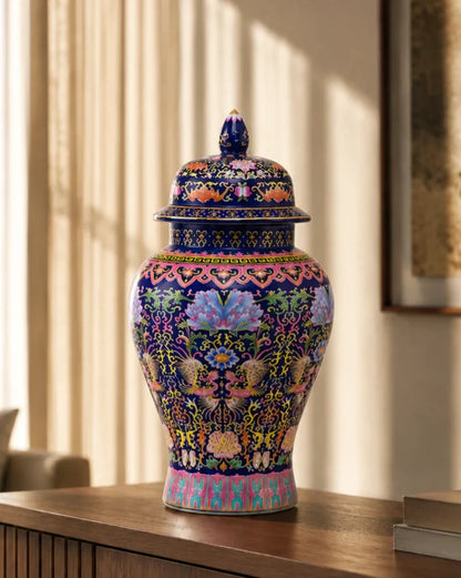 Cloisonné phoenix Temple Jar With Lid - Blue - 39 cm