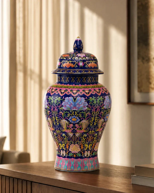 Cloisonné phoenix Temple Jar With Lid - Blue - 39 cm