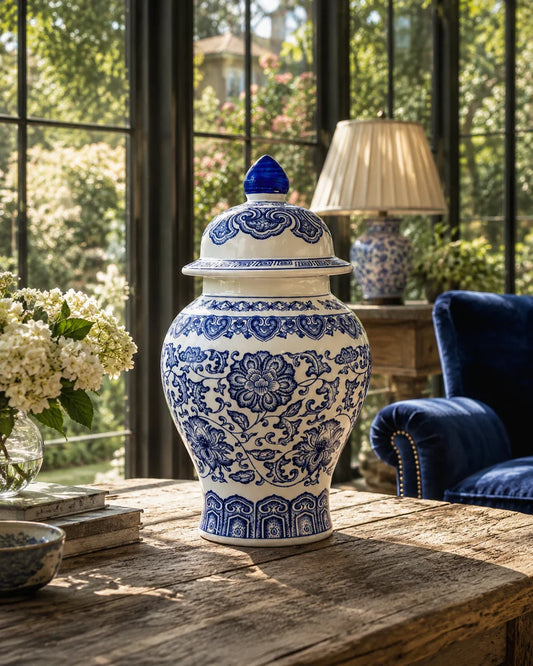 Blue and White Oriental Temple Jar - 24 cm