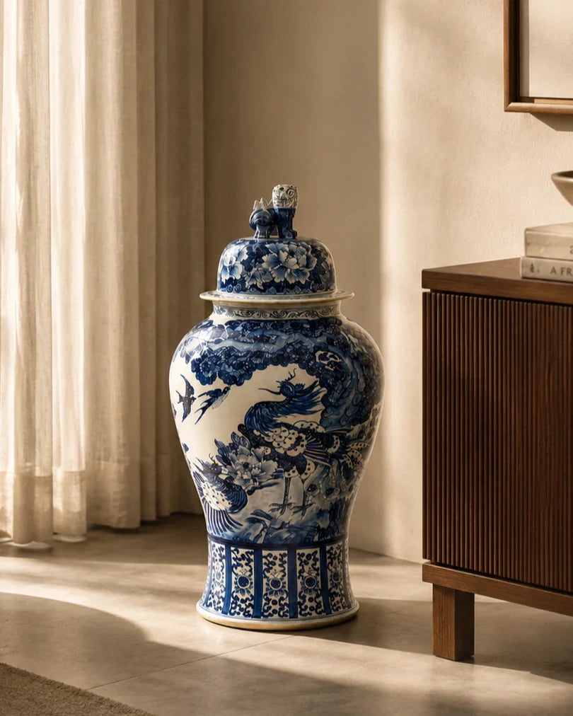 Grand Crane & Floral Blue Temple Jar with Guardian Lid - 116 CM