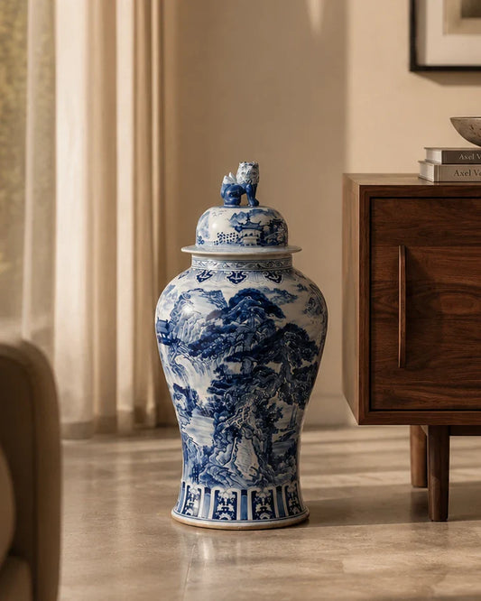 Grand Scenic Blue & White Temple Jar with Guardian Lid - 116