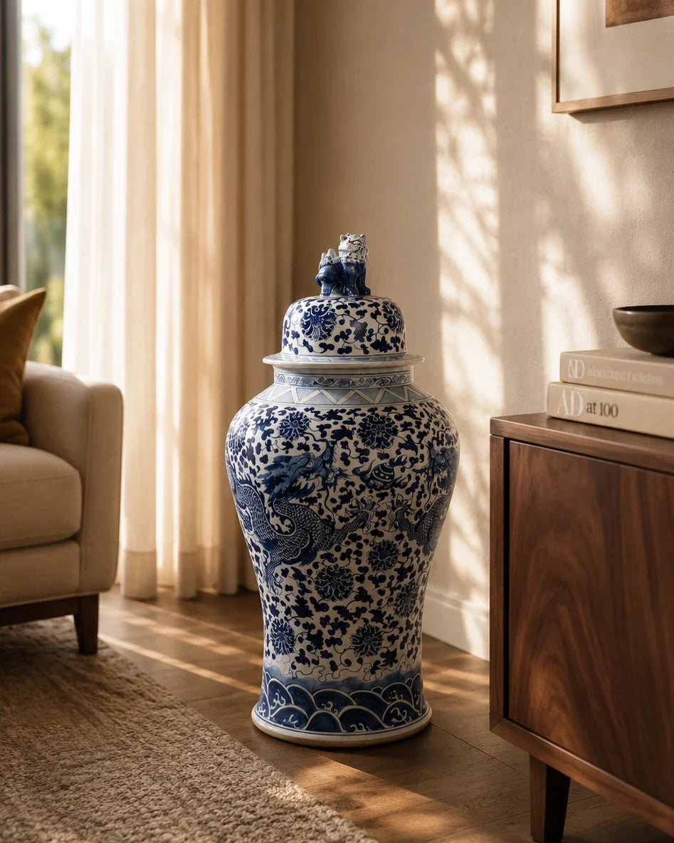Grand Floral Blue & White Temple Jar with Guardian Lid - 116 CM