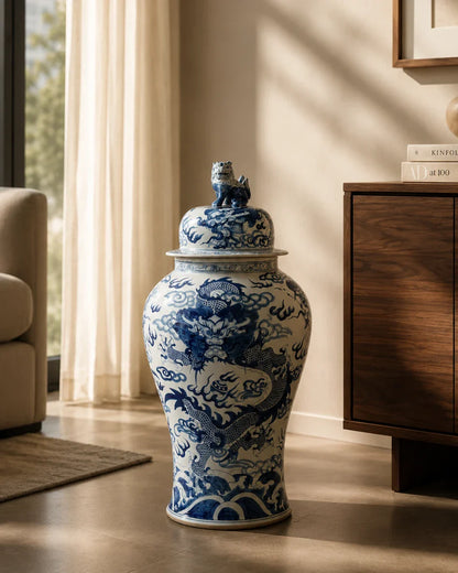 Imperial Blue Dragon Grand Temple Jar with Guardian Lid - 116