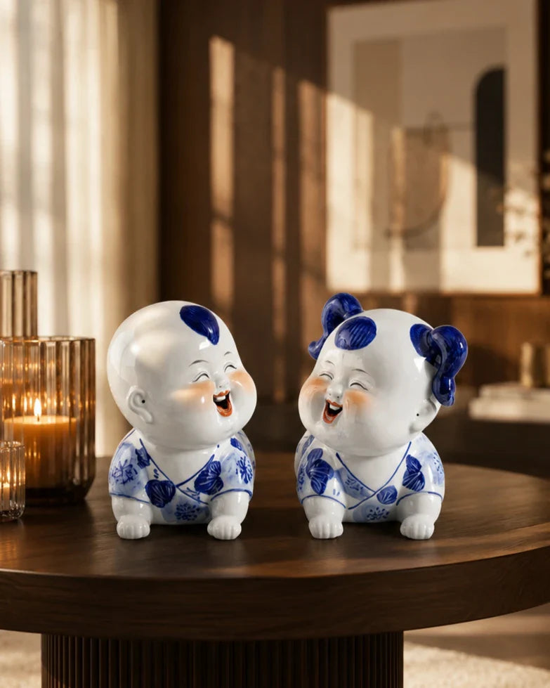 Playful Twin Monk Figurines - Set Of 2