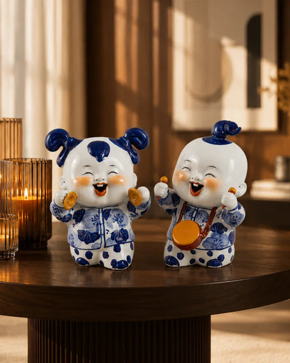 Playful Twin Monk Figurines - Set Of 2