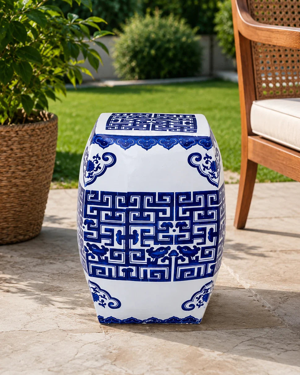 Blue & White Geometric Garden Stool