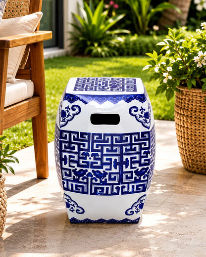 Blue & White Geometric Garden Stool