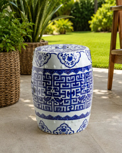 Blue Geometric Porcelain Garden Stool