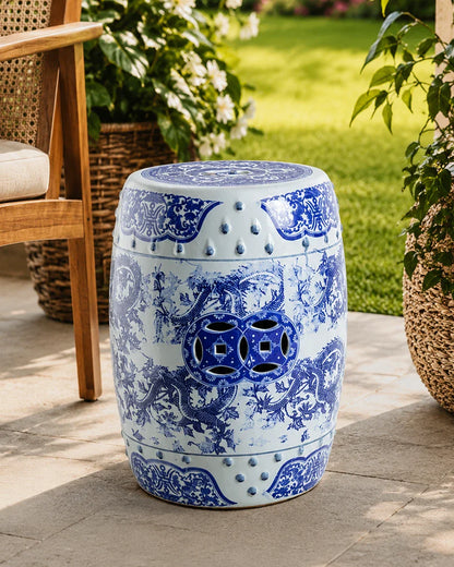 Blue Dragon Motif Garden Stool
