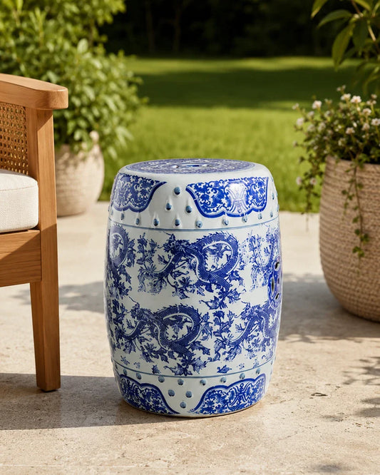 Blue Dragon Motif Garden Stool
