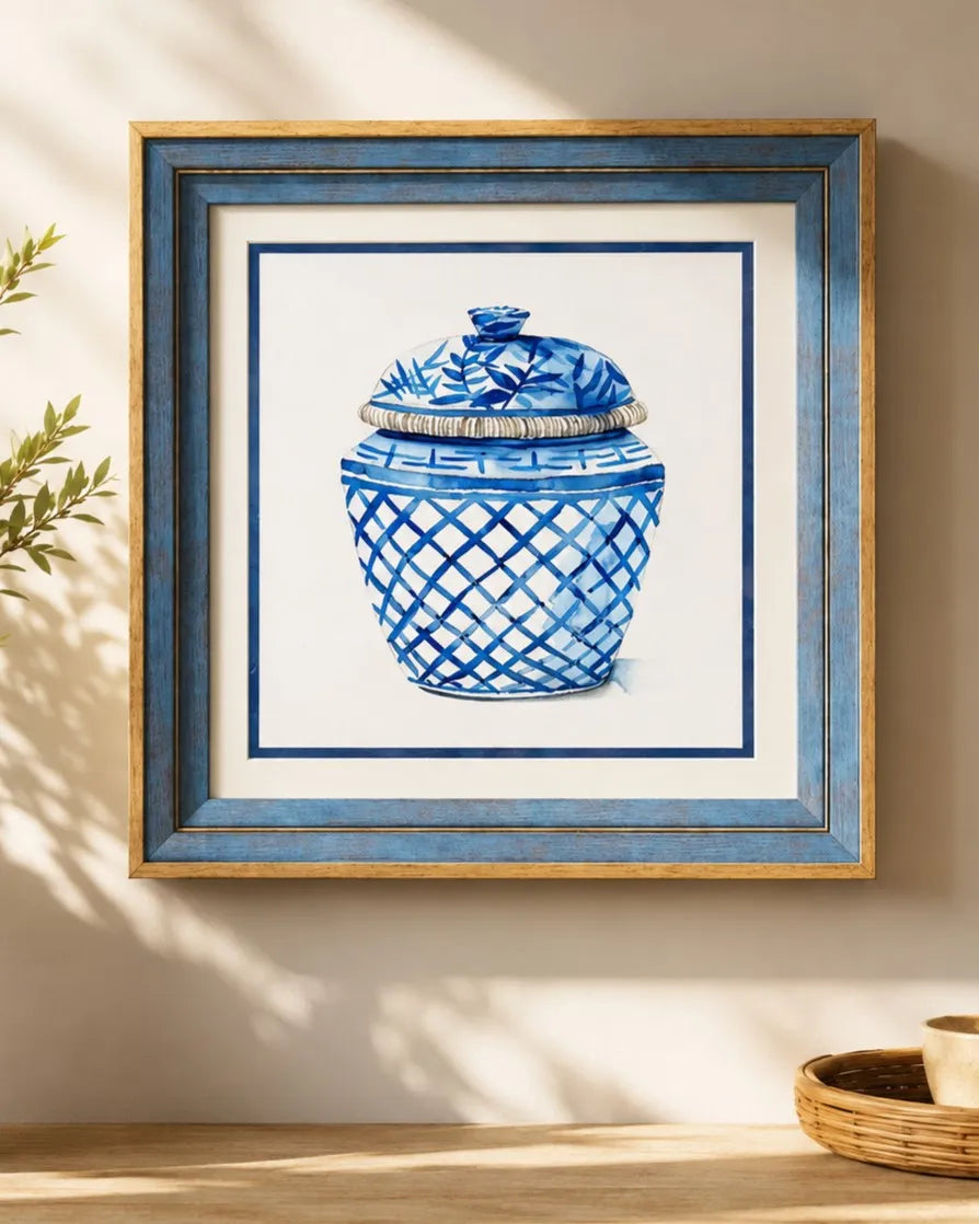 Blue & White Framed Wall art - 12"x12"