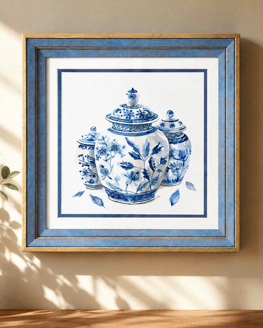 Blue & White Framed Wall art - 12"x12"