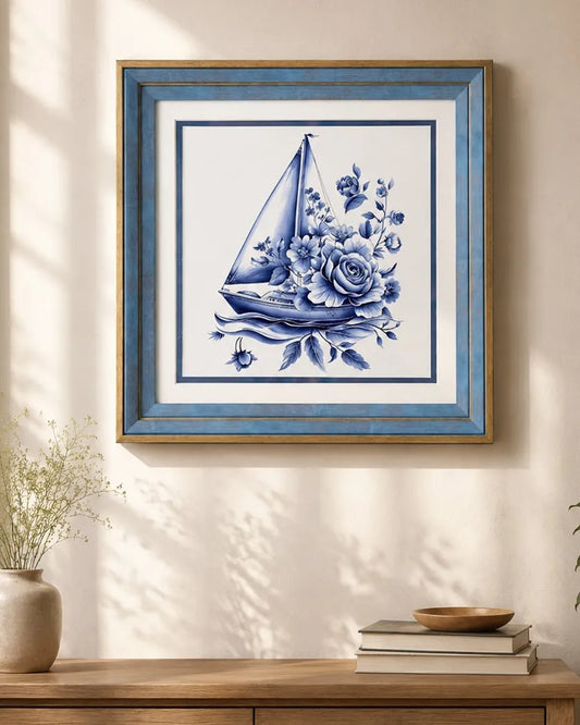 Blue & White Framed Wall art - 12"x12"