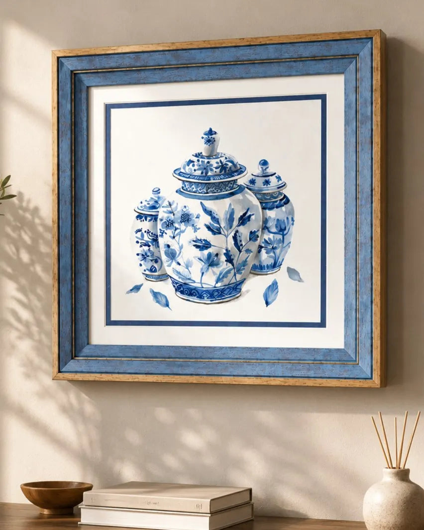 Blue & White Framed Wall art - 12"x12"
