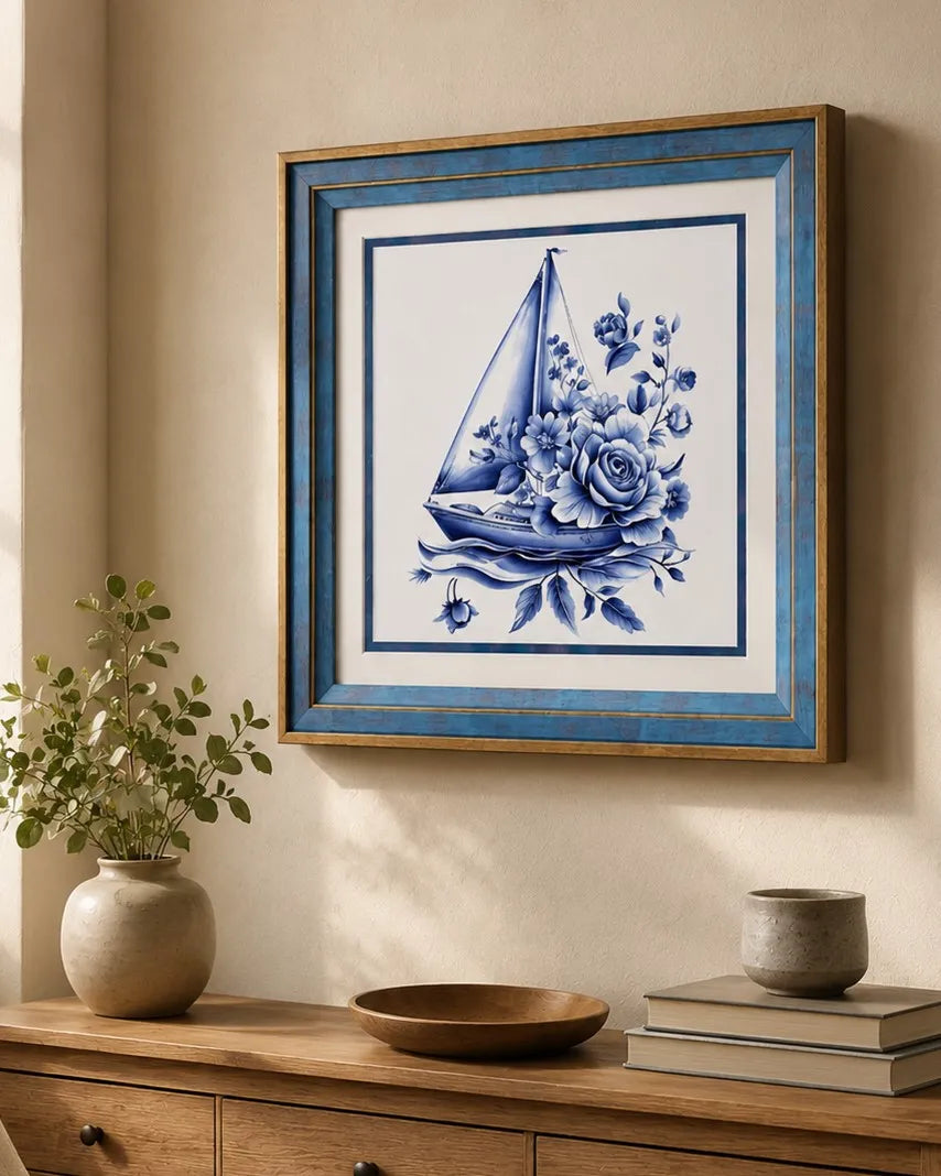 Blue & White Framed Wall art - 12"x12"