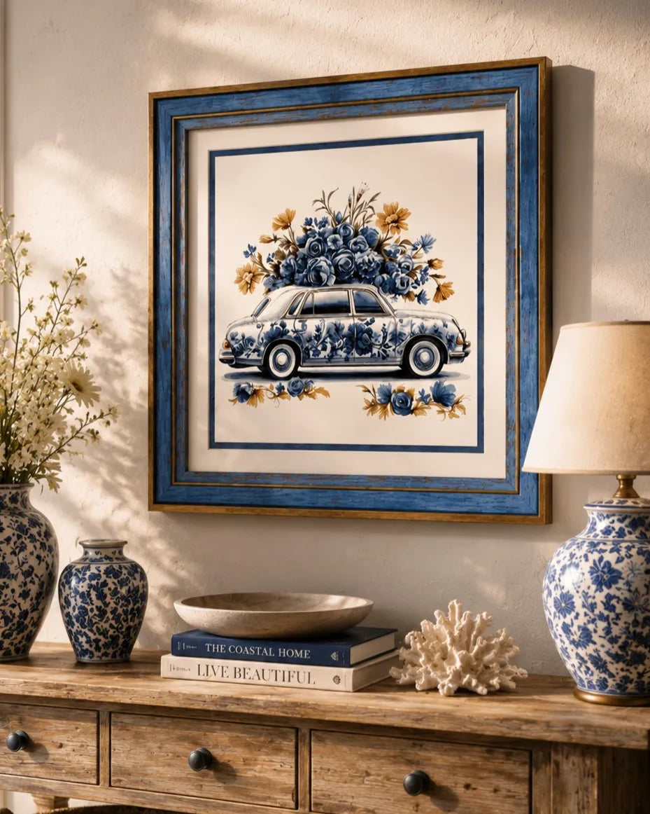Blue & White Framed Wall art - 12"x12"