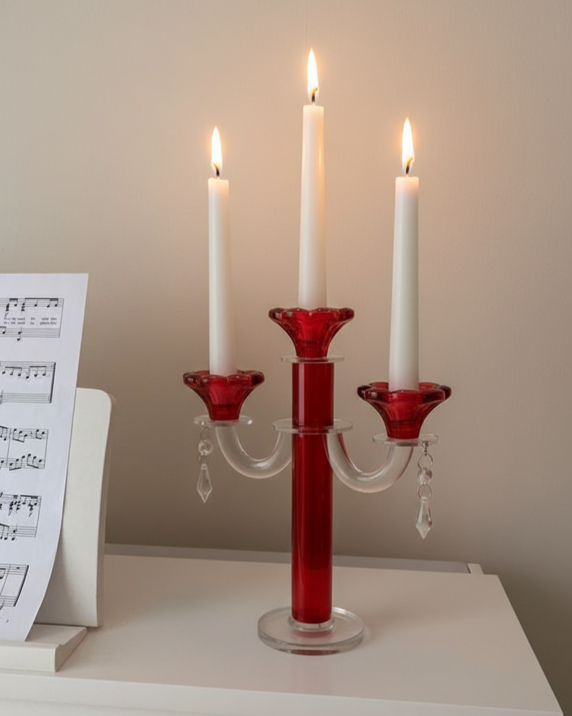 Red Radiant 3-Arms Crystal Candle Stand
