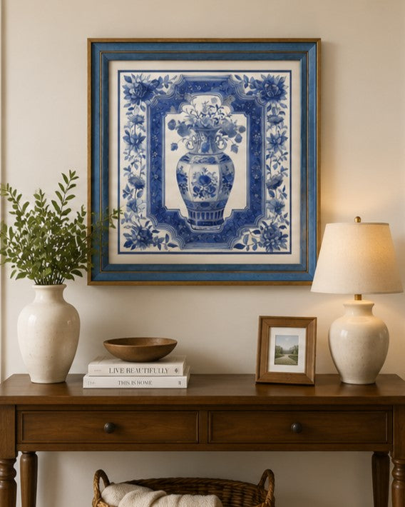 Blue & White Framed Wall art - 12"x12"